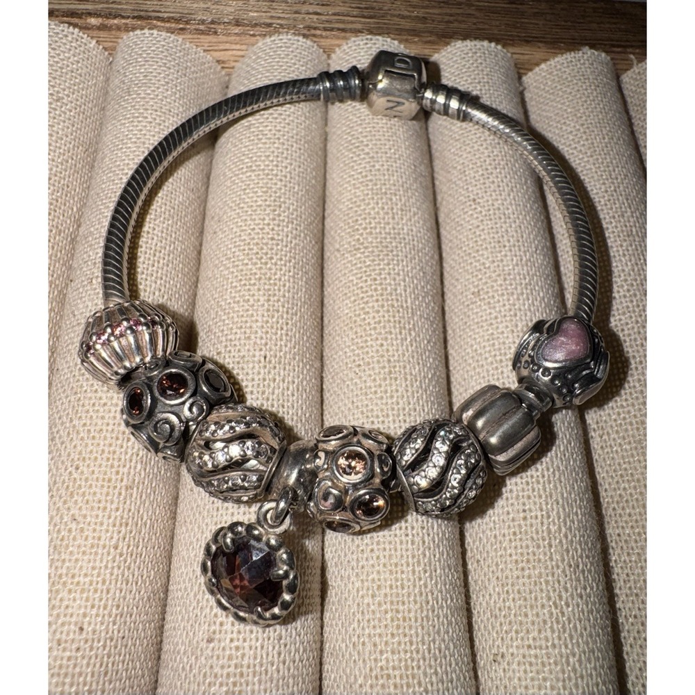 Pandora Barrel Clasp 925 Sterling Silver Snake Bracelet ALE + 8 Charms 37 grams